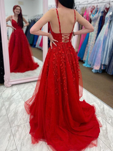 V Neck Red Lace Backless Prom Dresses, Open Back Red Lace Formal Graduation Dresses