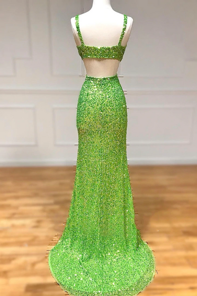 Green Sequins Long Prom Dresses，Mermaid Green Evening Dresses