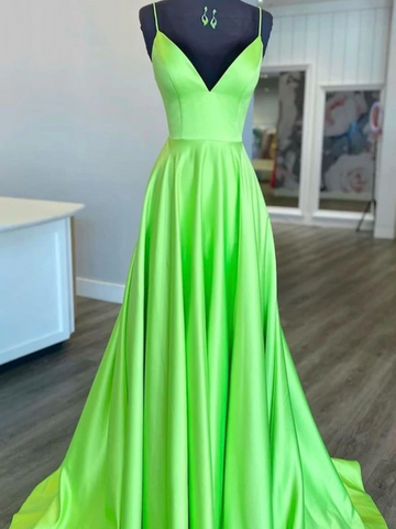 A Line V Neck Green Satin Long Prom Dresses, A Line V Neck Green Satin Long Formal Evening Dresses