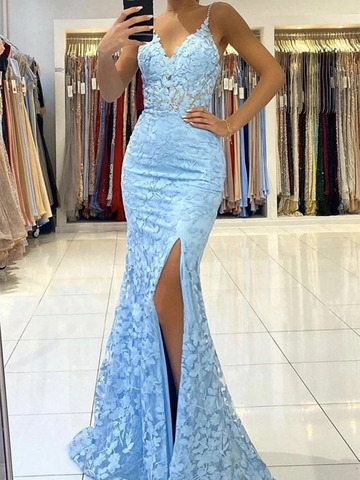 Mermaid V Neck Backless Blue Lace Long Prom Dress, Mermaid Blue Lace Formal Dress, Blue Lace Evening Dress