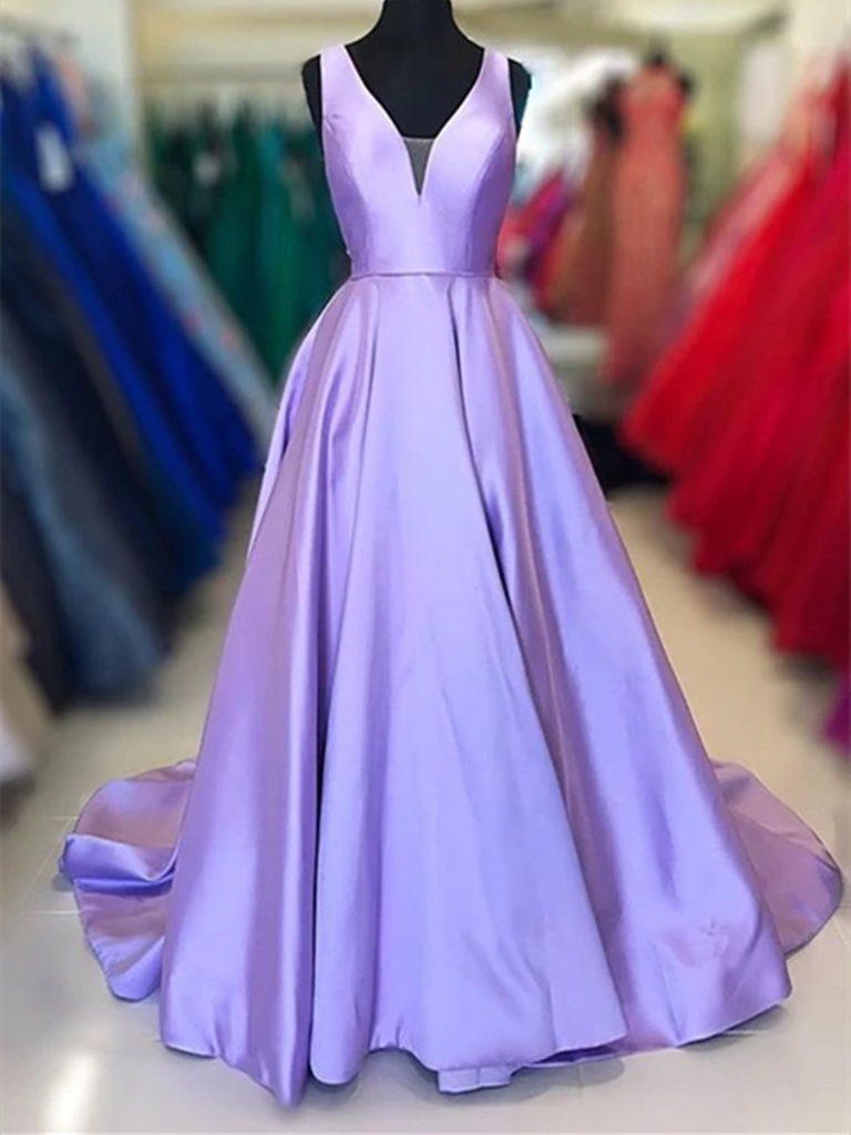 A Line V Neck Purple Satin Long Prom Dresses, Graduation School Party Gown, Purple Formal Evening Dresses