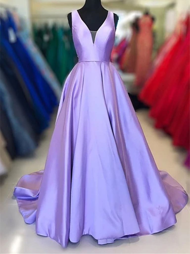 A Line V Neck Purple Satin Long Prom Dresses, Graduation School Party morievent A Line V Neck Purple Satin Long Prom Dresses, Graduation School Party morievent