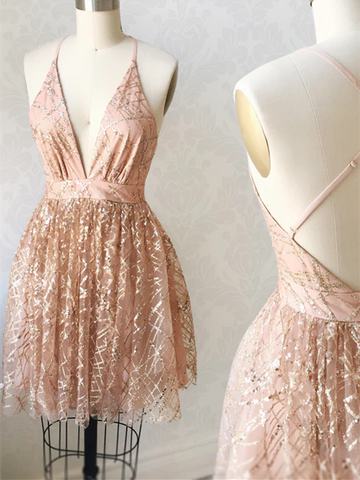 Cute Tulle Sequins Short Prom Dress Party Dress, V Neck Backless Sequins Short Formal Evening Dresses