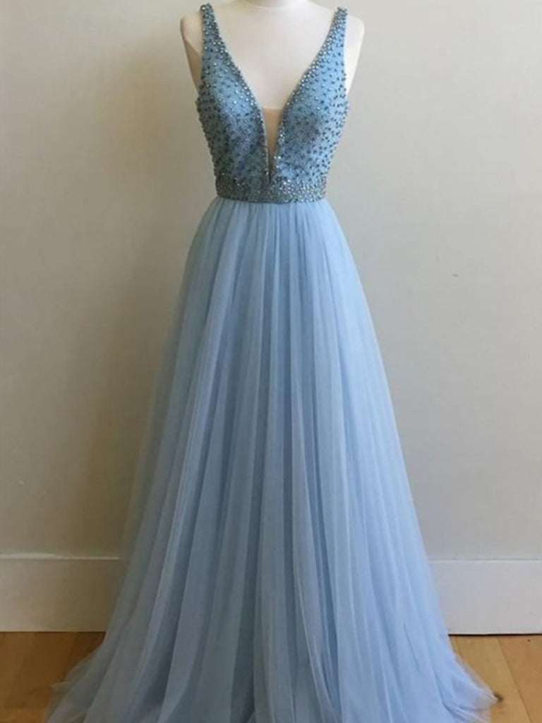 Beautiful Deep V-neck  Light Blue Long Tulle Prom Dresses With Beading, Light Blue Tulle Formal Evening Dresses