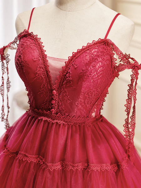 A Line Burgundy Lace Short Prom Dress, Burgundy Homecoming Dresses