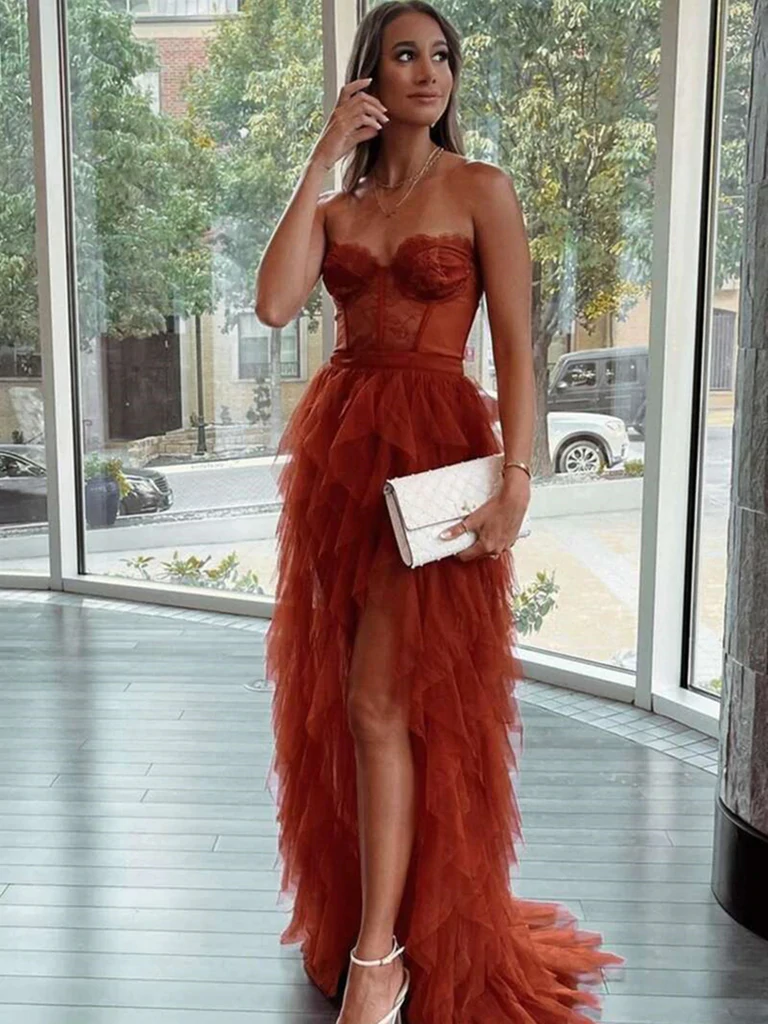 High Low Layered Ruffle Burgundy Tulle Long Prom Dresses Ruffle Burgundy Formal Graduation Evening Dresses