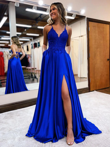V Neck Blue Lace Long Prom Dresses, V Neck Blue Lace Long Formal Evening Dresses
