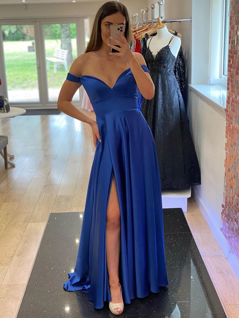 Sparkle Royal Blue One sleeve Off-the-shoulder High Split Prom Dresses –  Ballbella