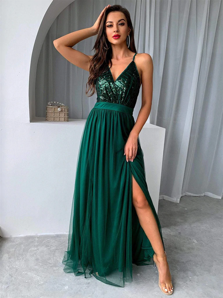 V Neck Backless Green Long Prom Dresses with Sequins Top, Backless Green Sequins Top Formal Graduation Evening Dresses