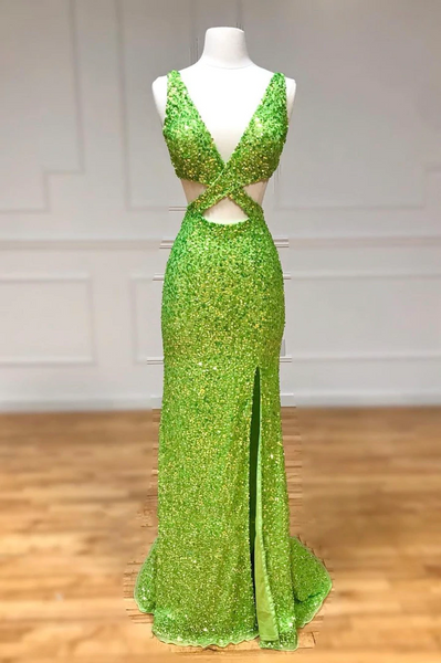 Green Sequins Long Prom Dresses，Mermaid Green Evening Dresses