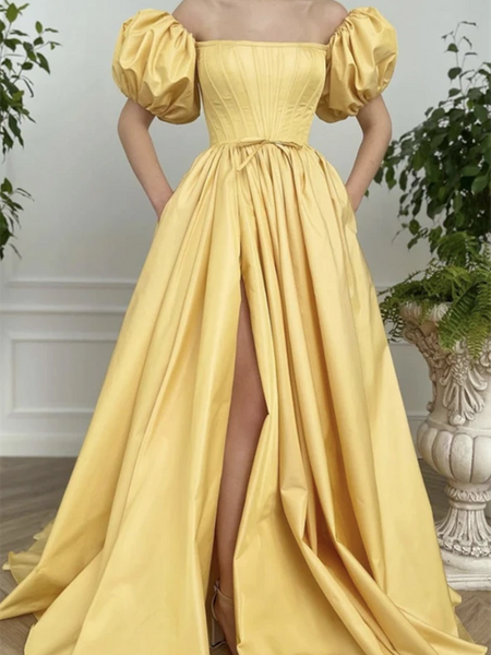 A Line Yellow Satin Long Prom Dresses, A Line Yellow Satin Long Formal Evening Dresses
