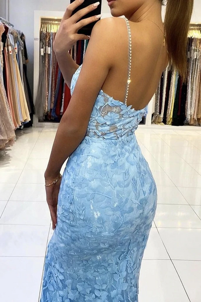 Mermaid V Neck Backless Blue Lace Long Prom Dress, Mermaid Blue Lace Formal Dress, Blue Lace Evening Dress