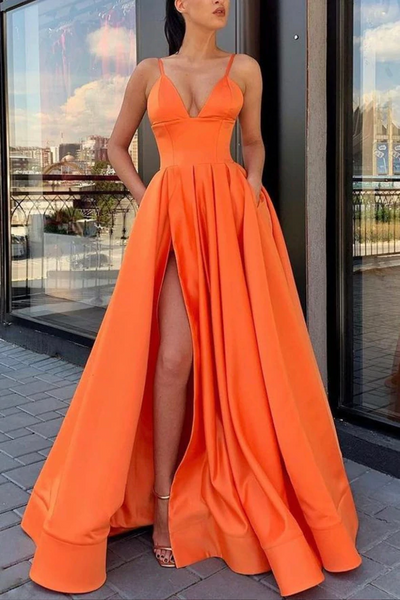 A Line V Neck Orange Satin Long Prom Dresses, A Line V Neck Orange Satin Long Formal Evening Dresses