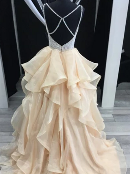V Neck Champagne Beading Bodice Tulle Long Prom Dress with Layers