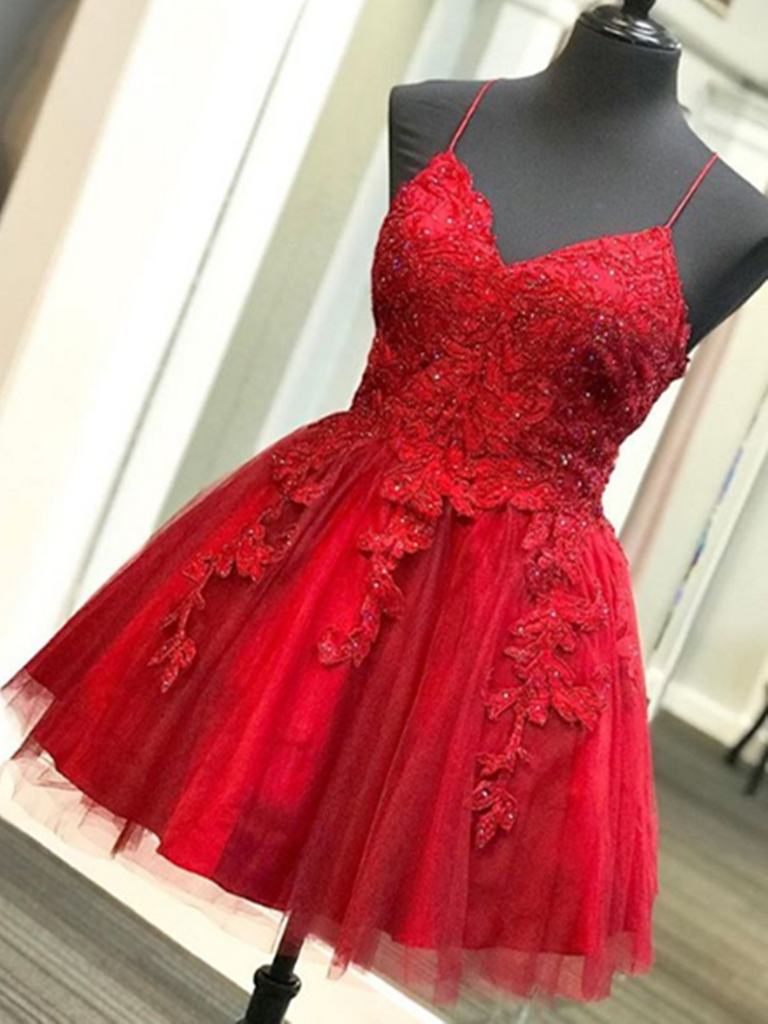 V Neck Red Lace Short Prom Dresses, Red Lace Short Evening Homecoming Dresses