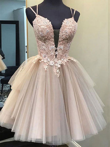 Champagne V Neck Tulle Lace Short Prom Dress ,Lace Short Homecoming Evening Dress