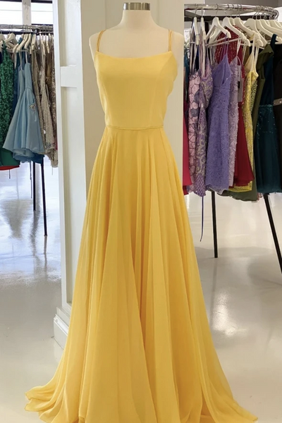 A Line Yellow Chiffon Long Prom Dresses, A Line Yellow Chiffon Long Formal Evening Dresses