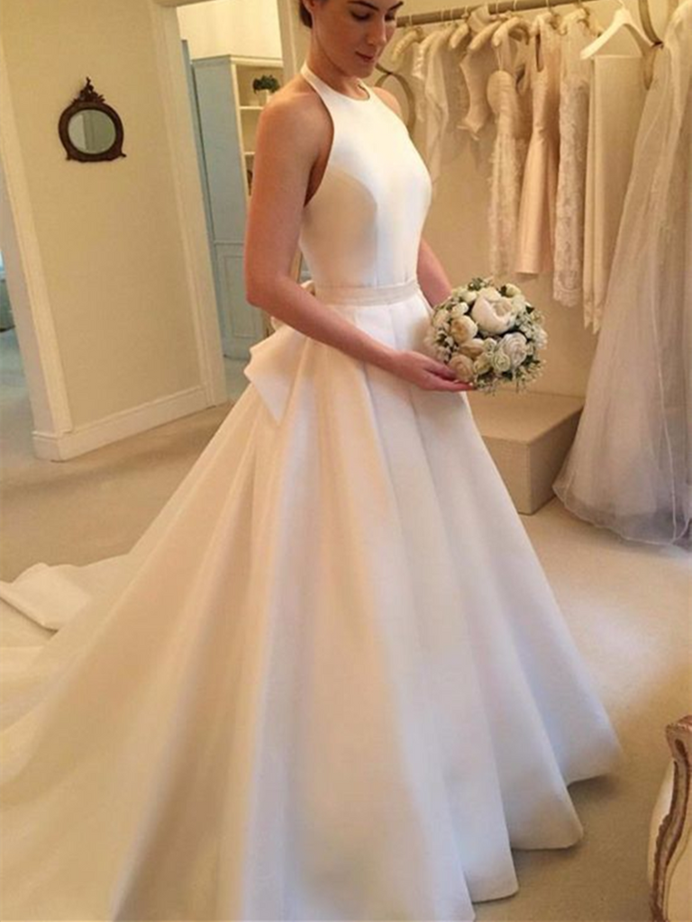 A Line White Halter Backless Court Train Satin Wedding Dresses with Bow-knot, White Halter Backless Prom Dresses