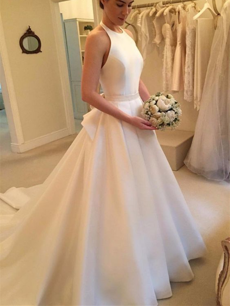 A Line White Halter Backless Court Train Satin Wedding Dresses with Bo morievent A Line White Halter Backless Court Train Satin Wedding Dresses with Bo morievent