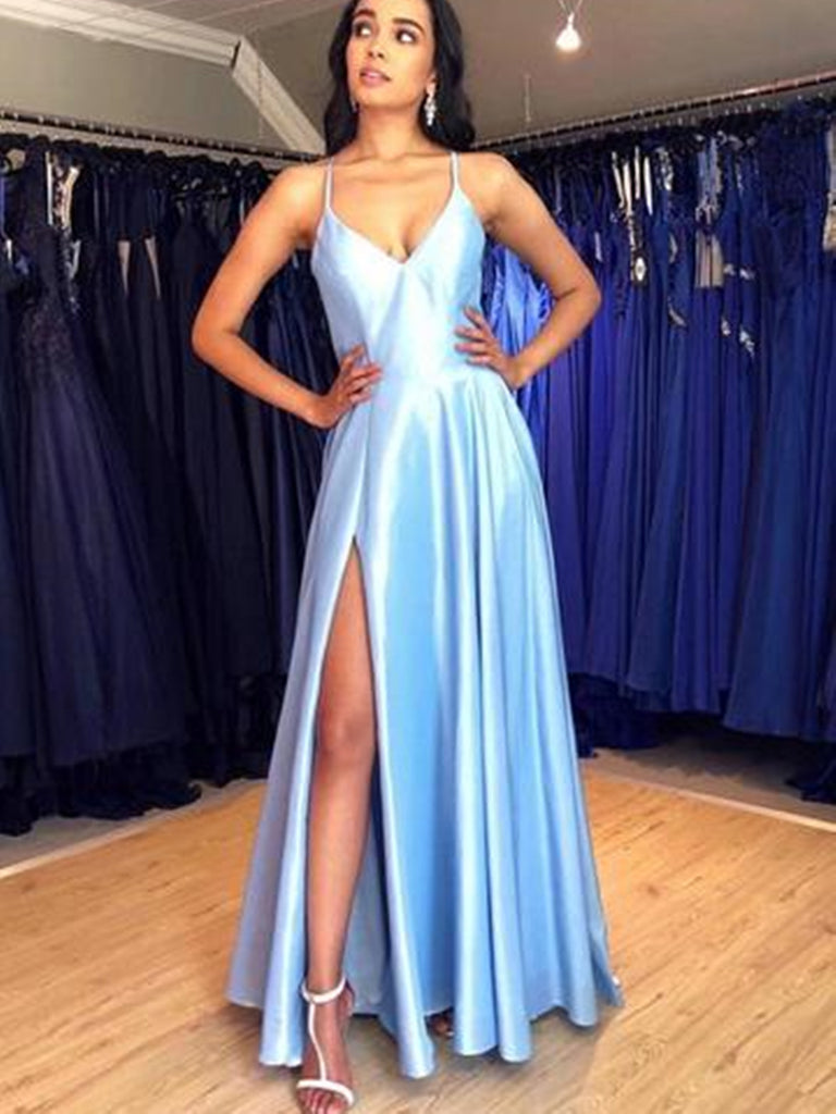 A Line V Neck Light Blue Prom Dress with High Leg Slit, Light Blue Slit Formal Graduation Evening Dresses