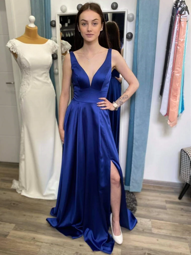 Simple V Neck Blue Satin Long Prom Dresses with Leg Slit, V Neck Blue morievent Simple V Neck Blue Satin Long Prom Dresses with Leg Slit, V Neck Blue morievent