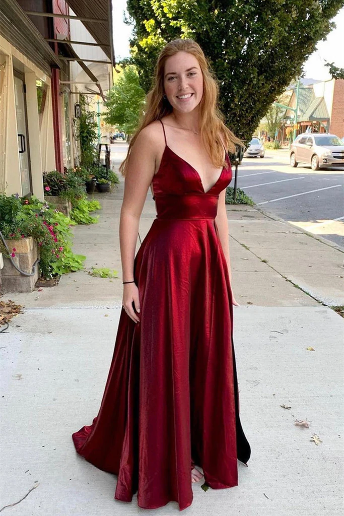 V Neck Backless Burgundy Satin Long Prom Dresses, Backless Burgundy Fo morievent V Neck Backless Burgundy Satin Long Prom Dresses, Backless Burgundy Fo morievent