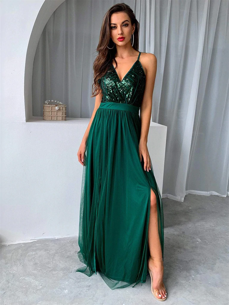V Neck Backless Green Long Prom Dresses with Sequins Top, Backless Gre morievent V Neck Backless Green Long Prom Dresses with Sequins Top, Backless Gre morievent