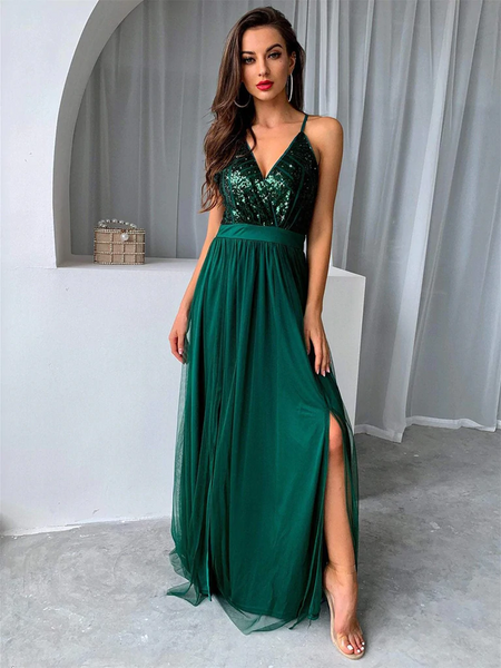 V Neck Backless Green Long Prom Dresses with Sequins Top, Backless Green Sequins Top Formal Graduation Evening Dresses