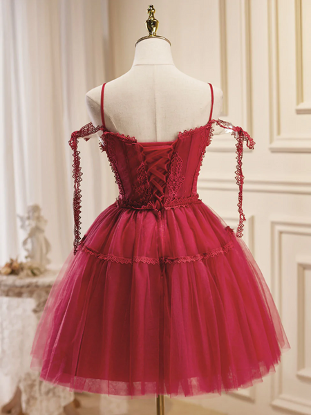 A Line Burgundy Lace Short Prom Dress, Burgundy Homecoming Dresses