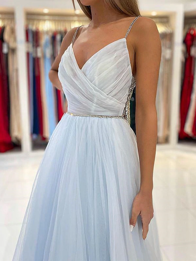 A Line V Neck Light Blue Tulle Long Prom Dresses, Backless Blue Tulle morievent A Line V Neck Light Blue Tulle Long Prom Dresses, Backless Blue Tulle morievent