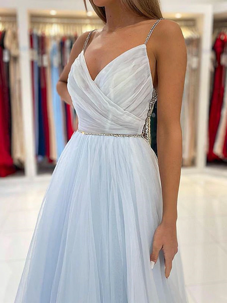 A Line V Neck Light Blue Tulle Long Prom Dresses, Backless Blue Tulle Long Formal Graduation Dresses