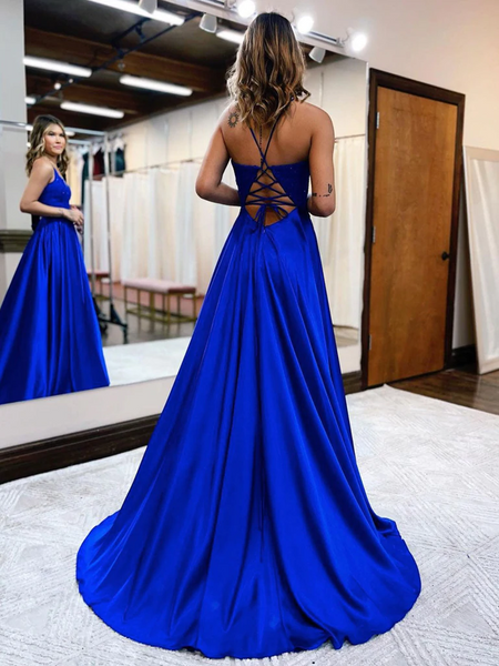 V Neck Blue Lace Long Prom Dresses, V Neck Blue Lace Long Formal Evening Dresses