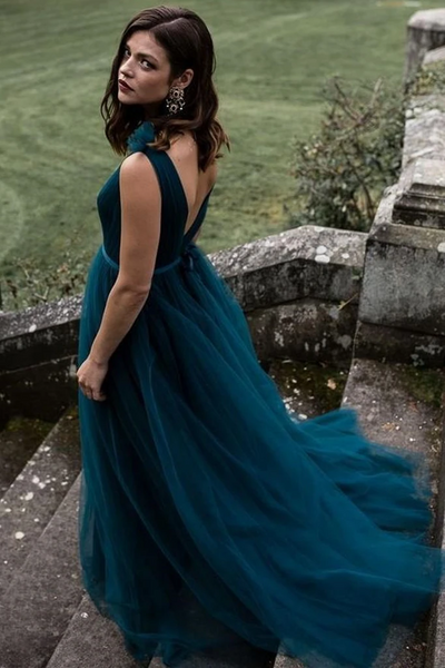 V Neck and V Back Peacock Blue Long Prom Dresses, V Neck Open Back Peacock Blue Formal Evening Dresses