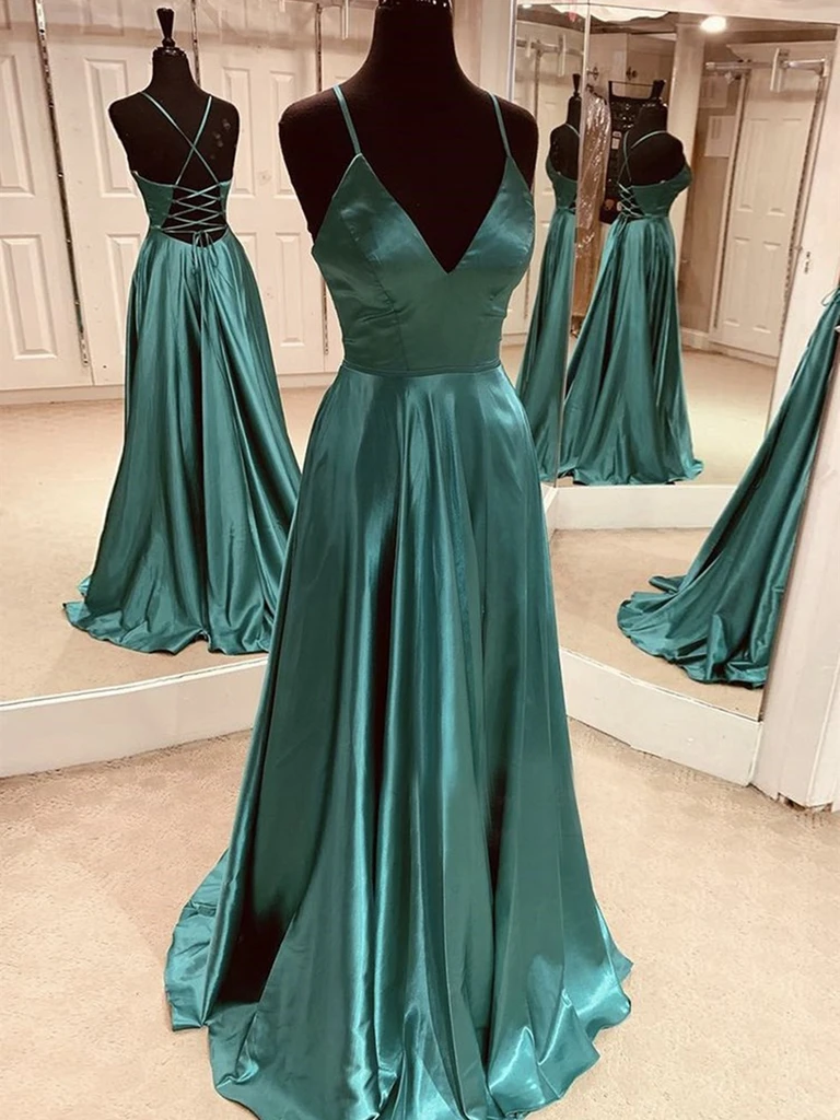 A Line V Neck Emerald Green Backless Satin Long Prom Dresses, Emerald Green Open Back Formal Evening Dresses