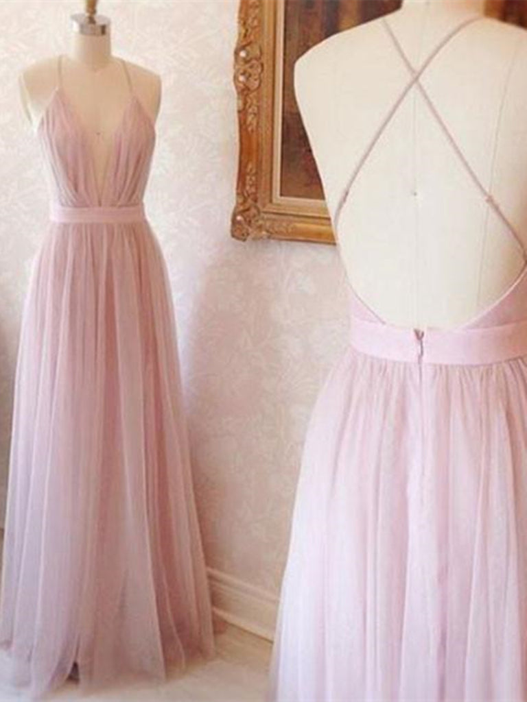 A Line V Neck Pink Tulle Long Prom Dresses, Open Back Evening Dresses