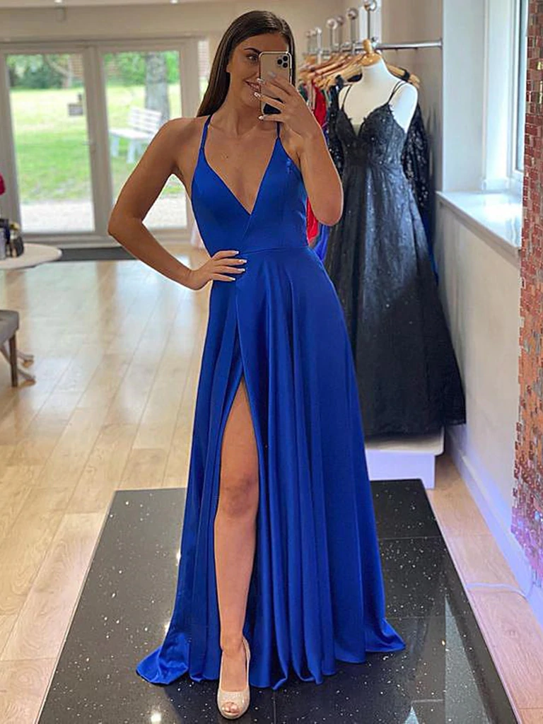 A Line V Neck Light Blue Royal Blue Prom Dresses, Blue Satin Long Form –  morievent