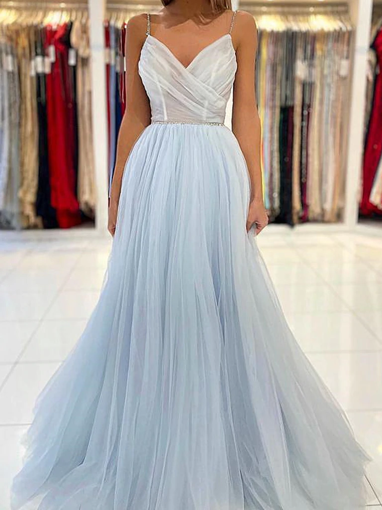 A Line V Neck Light Blue Tulle Long Prom Dresses, Backless Blue Tulle morievent A Line V Neck Light Blue Tulle Long Prom Dresses, Backless Blue Tulle morievent