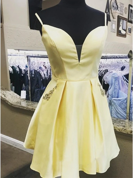 A Line V Neck Short Yellow Burgundy Prom Dresses With Pocket, Yellow Burgundy Short Graduation Homecoming Dresses