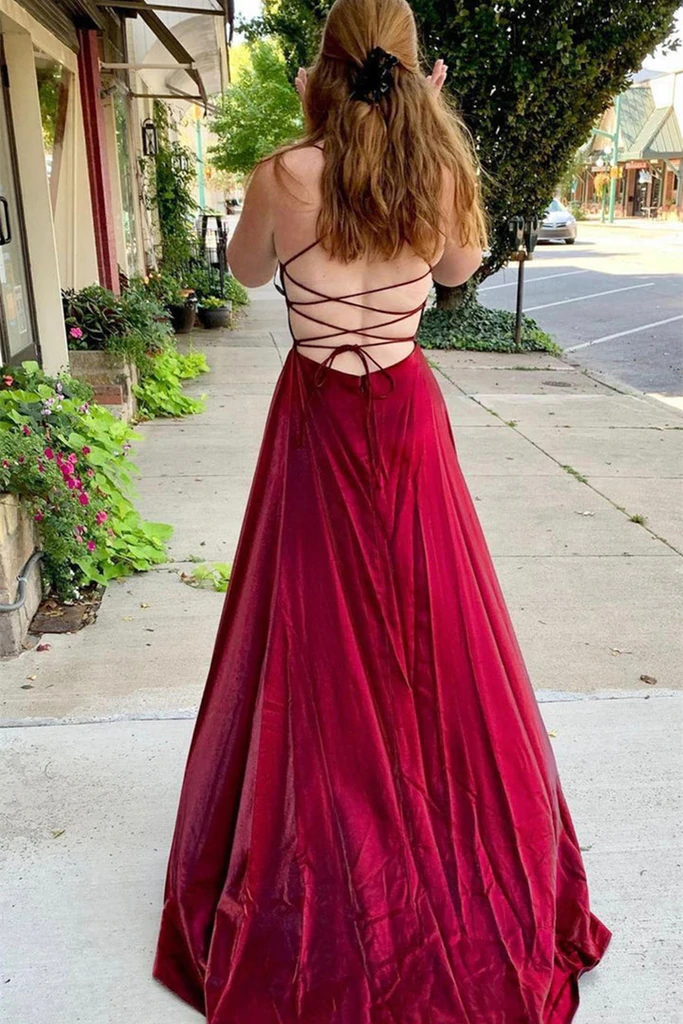 V Neck Backless Burgundy Satin Long Prom Dresses, Backless Burgundy Fo morievent V Neck Backless Burgundy Satin Long Prom Dresses, Backless Burgundy Fo morievent