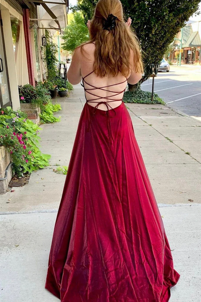 V Neck Backless Burgundy Satin Long Prom Dresses, Backless Burgundy Formal Graduation Evening Dresses