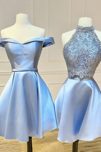 A Line Blue Satin Short Prom Dresses, A Line Blue Satin Short Formal Evening Homecoming Dresses