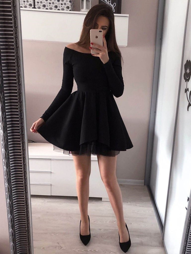 Long Sleeves Black Short Homecoming Dresses, Mini Black Short Prom Dresses