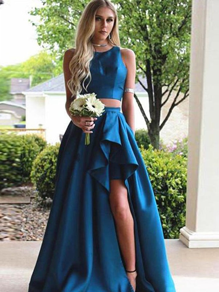 A Line Scoop Brush Train Blue Satin Two Pieces Prom Dresses, Blue 2 Pieces Prom Dresses