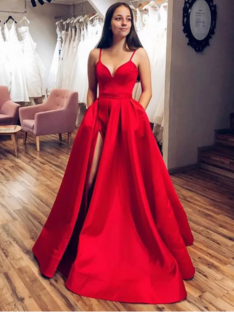 V Neck Red Satin Long Prom Dresses with High Slit, Red Formal Graduation Evening Dresses