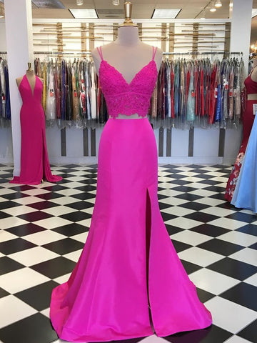 V Neck Two Pieces Mermaid Lace Satin Fuchsia Prom Dresses with Leg Slit, Pink Mermaid Formal Evening Dresses