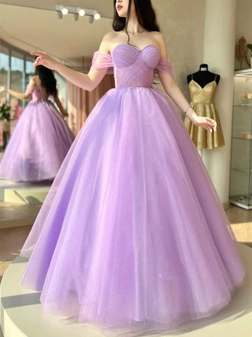 Elegant Off Shoulder Purple Tulle Long Prom Dresses, Off the Shoulder Lilac Formal Dresses,Sweetheart Neck Lavender Evening Dresses