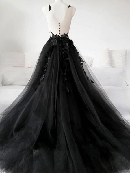 Black Tulle Lace Long Prom Dress, Black Evening Dress