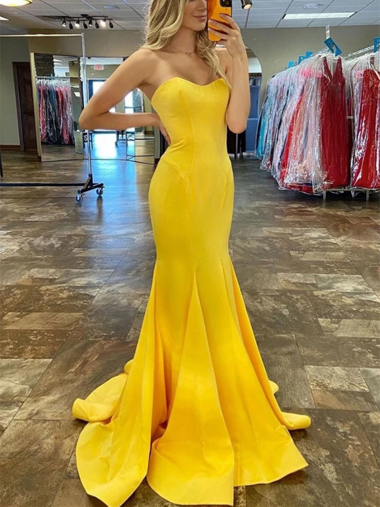 Simple Mermaid Yellow Satin Long Prom Dresses, Simple Yellow Satin Mermaid Long Formal Evening Dresses