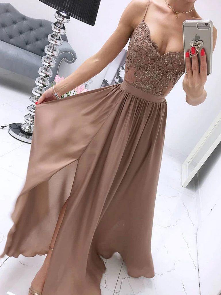 V Neck Champagne Chiffon Sweetheart Lace Long Prom Dresses, Champagne Lace Long Formal Evening Dresses