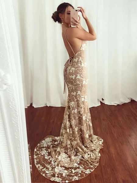V Neck Champagne Lace Mermaid Prom Dresses, Backless Champagne Lace Formal Evening Dresses
